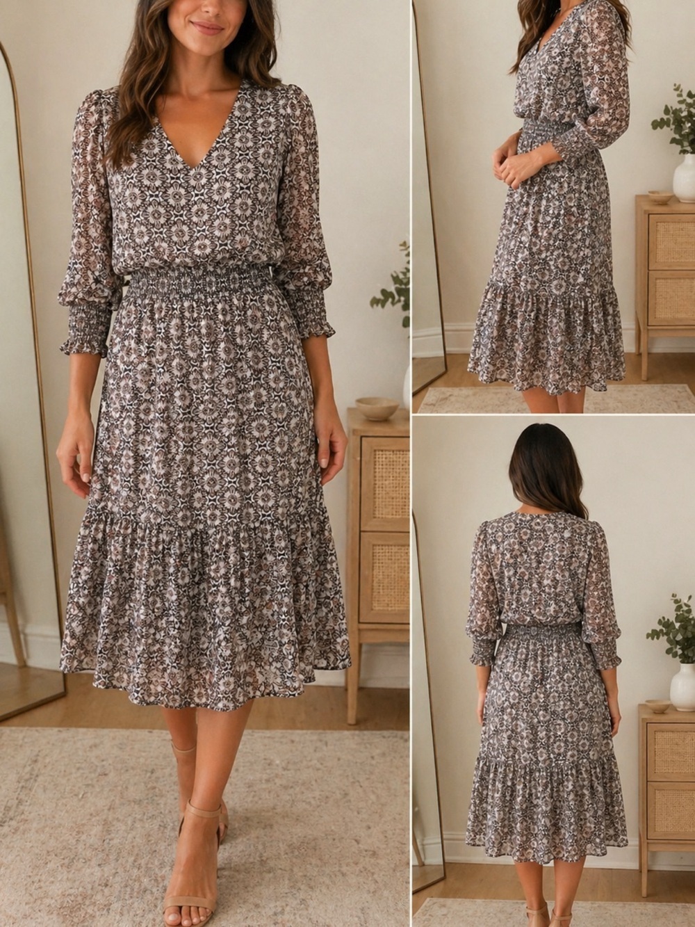 1. State Taupe Floral Smocked-Waist Midi Dress. #49